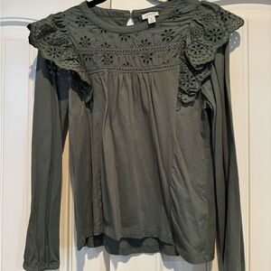 J. Crew Olive Lace Long Sleeve Top